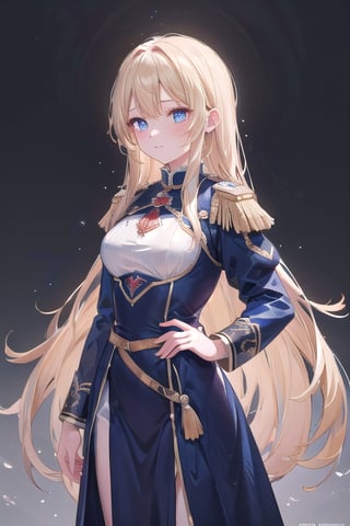 (masterpiece, best quality, highres:1.3), ultra resolution image, female, medieval, long blonde hair, blue eyes, sharp eyes, pale skin, medieval, slender, formal, military_uniform, digital_drawing, pencil_(artwork),