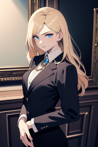 (masterpiece, best quality, highres:1.3), ultra resolution image, (female),  female, medieval, long blonde hair, blue eyes, sharp eyes, pale skin, medieval, slender, formal, formal pants, brooch, royalty, arrogant poise, fantasy historical, historical, pencil_drawing,portrait