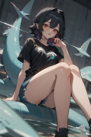 (masterpiece, best quality, highres:1.3), ultra resolution image, (1girl), (solo), female, piercing, ear peircing, lip peircing, shark girl, shark tail, fins, fish tail, (red eyes:1.3),  spot below left eye, thick thighs, grey shark tail, black hair, sitting, college, modern clothing, jeans, t-shirt,ellen joe