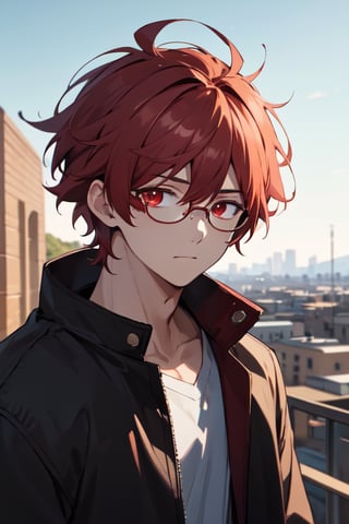  masterpiece, best quality, high quality, highres, official art, extremely detailed, ultra detailed, absurdres, detailed eyes, ((male, 1boy)), red hair, school, anime, slender, red eyes, scenery, background, glasses, messy hair with bangs,