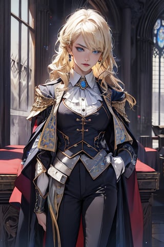 (masterpiece, best quality, highres:1.3), ultra resolution image, (female), medieval, blonde hair, blue eyes, sharp eyes, pale skin, medieval, slender, pants, tailcoat, brooch, royalty, arrogant poise, fantasy, realistic,