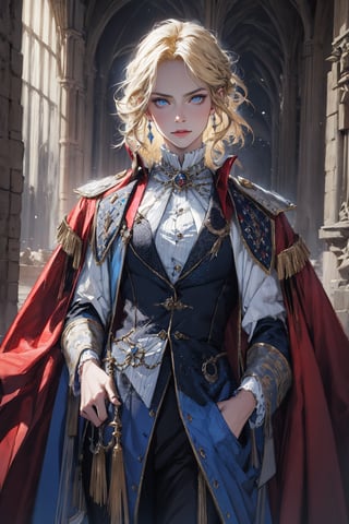 (masterpiece, best quality, highres:1.3), ultra resolution image, (female), medieval, blonde hair, blue eyes, sharp eyes, pale skin, medieval, slender, pants, tailcoat, brooch, royalty, arrogant poise, fantasy, realistic,