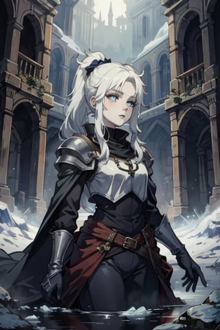 ((best quality)), ((masterpiece)), (detailed), scenery, pale skin, tomboy, (medieval), princess, ice, white hair, athletic, long_ponytail, hourglass, ice magic,shirt, pants, blue eyes, bright eyes, brigh blue eyes,