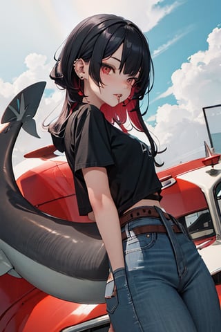 (beauty girl), (ultra-high picture quality), (masterpiece, best quality, highres:1.3), ultra resolution image, (1girl), (solo), female, ((piercings, lip peircing)), shark girl, shark tail, fins, red eyes, (spot below left eye), thick thighs, grey shark tail, black hair, college student, modern clothing, jeans, t-shirt, hair reaches back, shark, selachimorph,  strong, rebellious, ellen joe, ((longer hair))