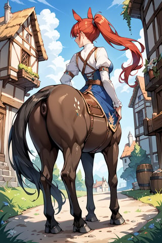 score_9_up, score_9, score_8_up, score_8, score_7, score_7_up, score_6_up, score_5_up, score_4_up, source_anime, BREAK, female, red hair, long_ponytail, shire horse breed, large horse, red hair, centaur, Centaur, white feet, large feet, black tail, ((black horse)), medieval, horse ears, wild, 