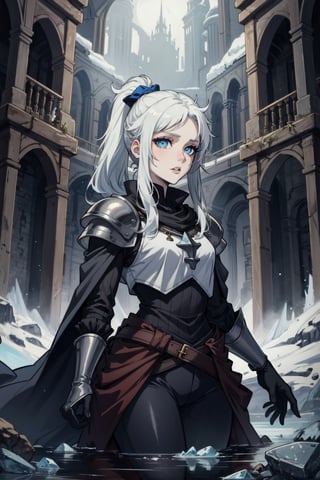 ((best quality)), ((masterpiece)), (detailed), scenery, pale skin, tomboy, (medieval), princess, ice, white hair, athletic, long_ponytail, hourglass, ice magic,shirt, pants, blue eyes, bright eyes, brigh blue eyes,