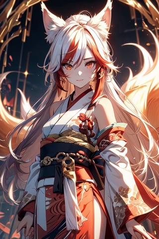 onmyoji detailed art, onmyoji portrait, onmyoji, anime art wallpaper 4 k, anime art wallpaper 4k, genshin impact, fox tails, slit pupils, glowing eyes, disciplined expression, 1girl ((kitsune)), fox girl, fox ears, petite, small breasts, multiple fox tails, kitsune tails ,((red and white hair)), fiery hair, ((multicolored hair)), long hair, (orange eyes) ((kimono)), (masterpiece), ((best quality)), good composition, (ultra-detailed), illustration, beautiful art, beautiful, scenery, fu hua, tone hair, phoenix, diamond shaped pupils,midjourney