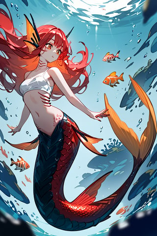 (score_9,score_8_up,score_7_up,score_6_up,score_5_up,score_4_up), female, mermaid, fins for ears, daqrk hair, red hair, gills, scales, species_fish, lithe body, black scaled tail, orange eyes, sharp features, pale skin, 