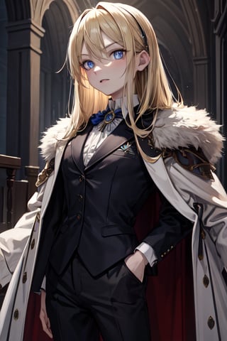 (masterpiece, best quality, highres:1.3), ultra resolution image, (female),  female, medieval, long blonde hair, blue eyes, sharp eyes, pale skin, medieval, slender, formal, formal pants, formal coat, brooch, royalty, arrogant poise,