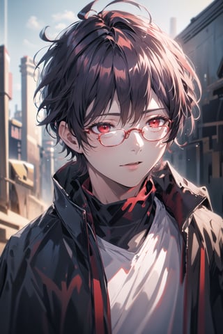  masterpiece, best quality, high quality, highres, official art, extremely detailed, ultra detailed, absurdres, detailed eyes, ((male, 1boy)), dark red hair, school, anime, slender, red eyes, scenery, background, glasses, messy hair with bangs, portrait, school_uniform,