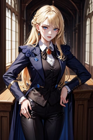 (masterpiece, best quality, highres:1.3), ultra resolution image, (female),  female, medieval, long blonde hair, blue eyes, sharp eyes, pale skin, medieval, slender, formal, formal pants, brooch, royalty, arrogant poise, fantasy historical, historical, 