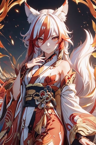 onmyoji detailed art, onmyoji portrait, onmyoji, anime art wallpaper 4 k, anime art wallpaper 4k, genshin impact, fox tails, slit pupils, glowing eyes, disciplined expression, 1girl ((kitsune)), fox girl, fox ears, petite, small breasts, multiple fox tails, kitsune tails ,((red and white hair)), fiery hair, ((multicolored hair)), long hair, (orange eyes) ((kimono)), (masterpiece), ((best quality)), good composition, (ultra-detailed), illustration, beautiful art, beautiful, scenery, fu hua, tone hair, phoenix, diamond shaped pupils,midjourney