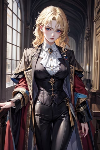 (masterpiece, best quality, highres:1.3), ultra resolution image, (female), medieval, blonde hair, blue eyes, sharp eyes, pale skin, medieval, slender, pants, tailcoat, brooch, royalty, arrogant poise, fantasy, realistic,