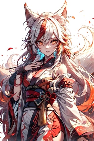 detailed art, anime art wallpaper 4k, genshin impact, fox tails, slit pupils, glowing eyes, disciplined expression, 1girl ((kitsune)), fox girl, fox ears, petite, small breasts, multiple fox tails, kitsune tails ,((red and white hair)), fiery hair, ((multicolored hair)), long hair, (orange eyes) ((kimono)), (masterpiece), ((best quality)), good composition, (ultra-detailed), illustration, beautiful art, beautiful, scenery, fu hua, tone hair, phoenix, diamond shaped pupils, glowing eyes, midjourney, fantasy00d, background,