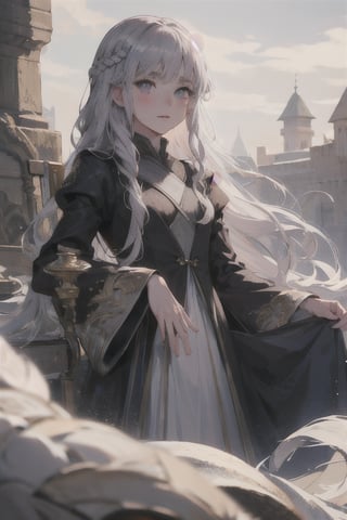 (beauty girl), (ultra-high picture quality), (masterpiece, best quality, highres:1.3), ultra resolution image, (1girl), (solo), female, Game of Thrones, purple eyes, silver-gold hair, flowing gown in shades of blue and silver, slender, atheltic, delicate yet regal face with high cheekbones and a small nose,