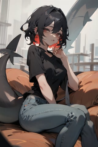 (masterpiece, best quality, highres:1.3), ultra resolution image, (1girl), (solo), female, piercing, ear peircing, lip peircing, shark girl, shark tail, fins, red eyes, (spot below left eye), thick thighs, grey shark tail, black hair, sitting, college, modern clothing, jeans, t-shirt, ellen joe, hair reaches shoulders,