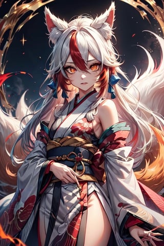 onmyoji detailed art, onmyoji portrait, onmyoji, anime art wallpaper 4 k, anime art wallpaper 4k, genshin impact, fox tails, slit pupils, glowing eyes, disciplined expression, 1girl ((kitsune)), fox girl, fox ears, petite, small breasts, multiple fox tails, kitsune tails ,((red and white hair)), fiery hair, ((multicolored hair)), long hair, (orange eyes) ((kimono)), (masterpiece), ((best quality)), good composition, (ultra-detailed), illustration, beautiful art, beautiful, scenery, fu hua, tone hair, phoenix, diamond shaped pupils,midjourney, glowing eyes,fantasy00d