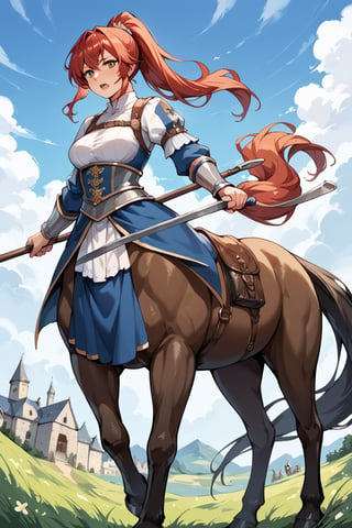 score_9_up, score_9, score_8_up, score_8, score_7, score_7_up, score_6_up, score_5_up, score_4_up, source_anime, BREAK, female, red hair, long_ponytail, shire horse breed, large horse, red hair, centaur, Centaur, white feet, large feet, battlehorse, black horse tail, ((black horse)), medieval,