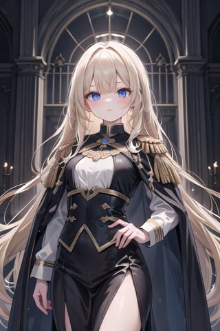 (masterpiece, best quality, highres:1.3), ultra resolution image, female, medieval, long blonde hair, blue eyes, sharp eyes, pale skin, medieval, slender, formal, military_uniform,