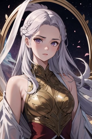 (beauty girl), (ultra-high picture quality), (masterpiece, best quality, highres:1.3), ultra resolution image, (1girl), (solo), female, Game of Thrones, purple eyes, silver-gold hair, flowing gown, slender, atheltic, delicate yet regal face with high cheekbones, a small nose,