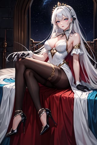 (masterpiece, best quality, highres:1.3), ultra resolution image, female, beautiful, long hair, dress, fantasy, medieval, pure white hair, Light blue and pink eyes, lady, slender, starlight, heels, silk white long gloves, black pantyhose,