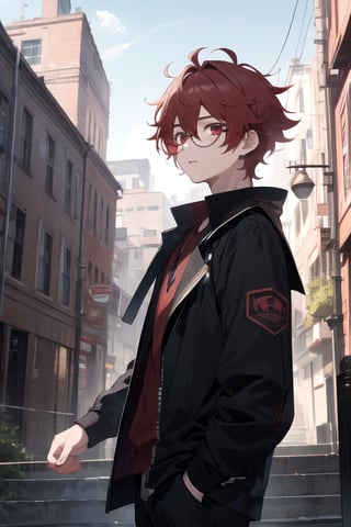  masterpiece, best quality, high quality, highres, official art, extremely detailed, ultra detailed, absurdres, detailed eyes, ((male, 1boy)), red hair, school, anime, slender, red eyes, scenery, background, glasses, messy hair with bangs,