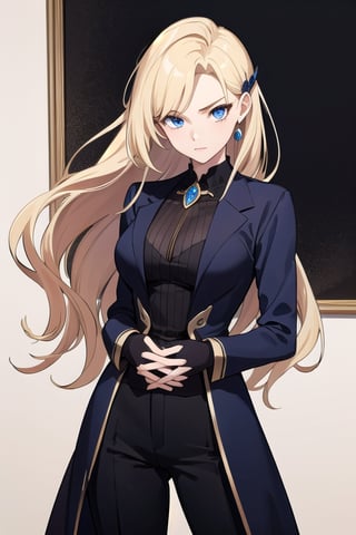 (masterpiece, best quality, highres:1.3), ultra resolution image, (female),  female, medieval, long blonde hair, blue eyes, sharp eyes, pale skin, medieval, slender, formal, formal pants, brooch, royalty, arrogant poise, fantasy historical, historical, 