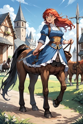 score_9_up, score_9, score_8_up, score_8, score_7, score_7_up, score_6_up, score_5_up, score_4_up, source_anime, BREAK, female, red hair, shire horse, large horse, black fur, red hair, centaur, Centaur, large hooves, black centaur, white feet, large feet, battlehorse, black horse tail, (black horse), medieval, rural,