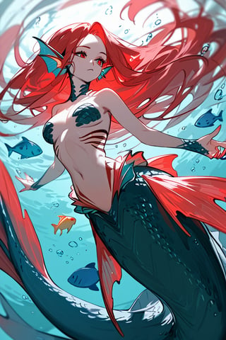 (score_9,score_8_up,score_7_up,score_6_up,score_5_up,score_4_up), female, mermaid, fins for ears, daqrk hair, red hair, gills, scales, species_fish, lithe body, black scaled tail, source_cartoon, 