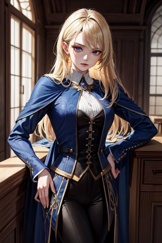 (masterpiece, best quality, highres:1.3), ultra resolution image, (female),  female, medieval, long blonde hair, blue eyes, sharp eyes, pale skin, medieval, slender pants, tail coat, brooch, royalty, arrogant poise, fantasy historical, historical, pencil_drawing