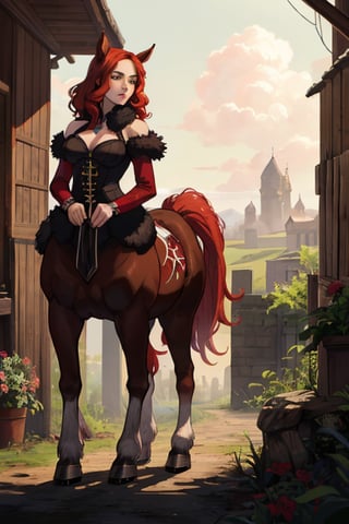 illustration, digital art, background, (masterpiece, best quality), detailed, female, red hair, shire horse, large horse, black fur, red hair, centaur, Centaur, large hooves, black centaur, white feet, large feet, battlehorse, 