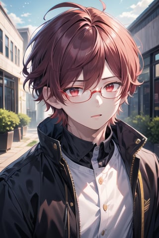  masterpiece, best quality, high quality, highres, official art, extremely detailed, ultra detailed, absurdres, detailed eyes, ((male, 1boy)), dark red hair, school, anime, slender, red eyes, scenery, background, glasses, messy hair with bangs, portrait, school_uniform,