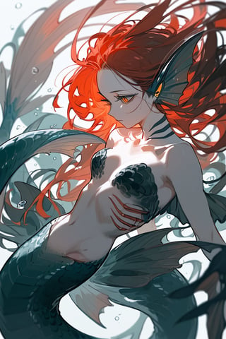 (score_9,score_8_up,score_7_up,score_6_up,score_5_up,score_4_up), female, mermaid, fins for ears, dark hair, red hair, gills, scales, lithe body, black scale, orange eyes, sharp features, pale skin, 