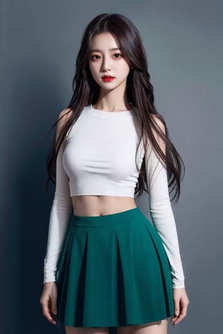 (best quality, masterpiece, ultra quality) long green hair,red_eyes, white crop top, short black skirt, black sleeves, UHD quality,
