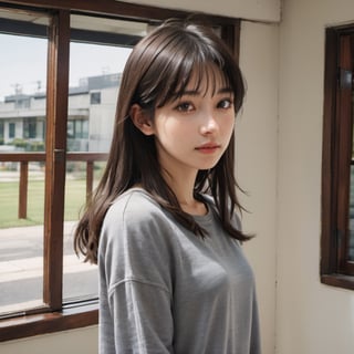 LinkGirl, 1girl, solo, window, looking at viewer, indoors, long hair, brown hair, upper body, lips, grey shirt, shirt, realistic, closed mouth, from side, bangs, looking to the side, black hair, brown eyes, day 