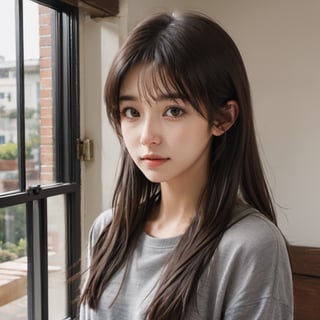 LinkGirl, 1girl, solo, window, looking at viewer, indoors, long hair, brown hair, upper body, lips, grey shirt, shirt, realistic, closed mouth, from side, bangs, looking to the side, black hair, brown eyes, day 