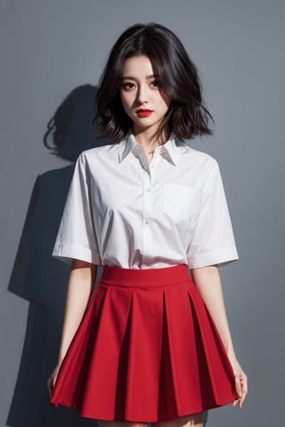 (best quality, masterpiece, ultra quality) short black hair, brown_eyes, white shirt, short red skirt, black sleeves, UHD quality