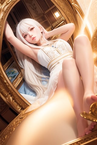 masterpiece, best quality, ultra-detailed, illustration, close-up, straight on, face focus, 1girl, white hair, golden eyes, long hair, halo, serene expression, looking at viewer