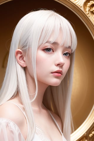 masterpiece, best quality, ultra-detailed, illustration, close-up, straight on, face focus, 1girl, white hair, golden eyes, long hair, halo, serene expression, looking at viewer