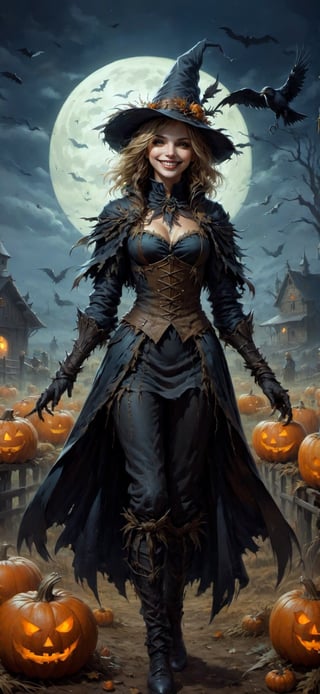 halloween monster female scarecrow, smiles, surrounded by crows, on a farm outside at night, farmhouse in the background, fantasy magic, undercut hairstyle, dark light night, intricate, elegant, sharp focus, illustration, highly detailed, digital painting, concept art, matte, art by wlop and artgerm and greg rutkowski and alphonse mucha, masterpiece ,monster