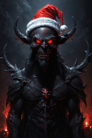 1 demon, alone, a demon with a Christmas hat, satan with a Christmas hat, antlers sticking out of the hat, black demon skin, black skin, red demonic eyes, Christmas Santa suit, macabre and dark atmosphere, Christmas demon, demonic eyes, demonic smile,HellAI