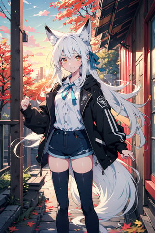 pixai, 1girl, white haired, long hair, fox girl, (black fox ears), (1fox_tail), hair ribbon accessories, neck ribbon, white collared buttoned shirt, black jacket-hoodie, black denim shorts, black thigh highs, shrine, sunset, intricate details, highres, best quality, yellow eyes, kind smile, looking at viewer, HDR, autumn, autumn leaves,Blue_reason,