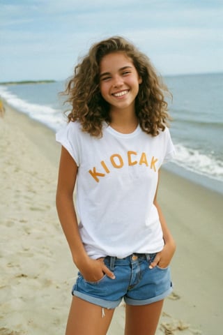 Here's the prompt:

photo of a rich 18-year-old mixed with Brazilian and German tomboy model, with long, wavy hair and a bright, cute smile, posed in a relaxed stance on Cape Cod. She sports a casual look, wearing a fitted t-shirt and cargo shorts, exuding a laid-back 'guy' vibe. Her hazel eyes sparkle under the soft lens of a Kodak Ultra Max disposable camera, capturing her effortless tomboy charm in a full-body shot that's both carefree and captivating.