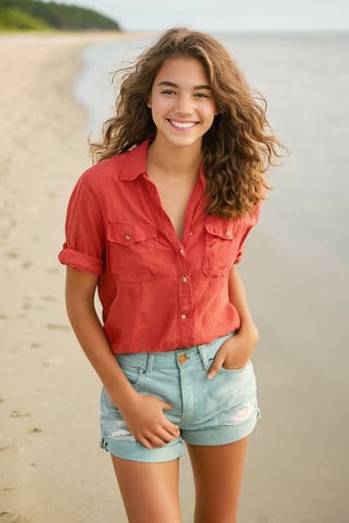 A relaxed pose on Cape Cod's sun-kissed shore. The 18-year-old mixed heritage model, with wavy hair and bright smile, wears cargo shorts and red short-sleeve shirt, exuding handsome tomboy charm. Her hazel eyes sparkle under the soft focus of a Kodak Ultra Max camera as she confidently strikes a pose, unshaven hairy legs and all. The warm light and carefree atmosphere capture her effortless, captivating spirit in this full-body shot.