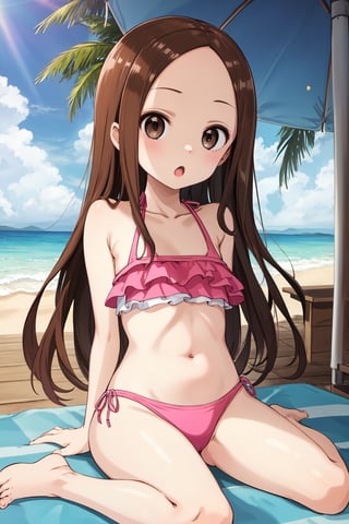 masterpiece, best quality, highres, 1girl, aatakagi, long hair, collarbone, swimsuit, pink bikini, frilled bikini, , beach, cowboy shot, sitting, :o, wariza