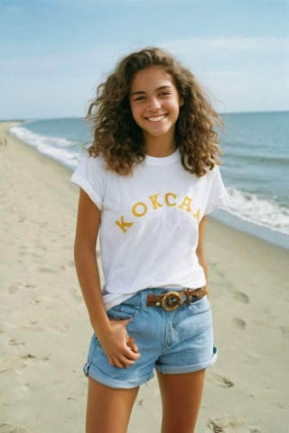 Here's the prompt:

photo of a rich 18-year-old mixed with Brazilian and German tomboy model, with long, wavy hair and a bright, cute smile, posed in a relaxed stance on Cape Cod. She sports a casual look, wearing a fitted t-shirt and long cargo shorts, exuding a laid-back 'guy' vibe. Her hazel eyes sparkle under the soft lens of a Kodak Ultra Max disposable camera, capturing her effortless tomboy charm in a full-body shot that's both carefree and captivating.