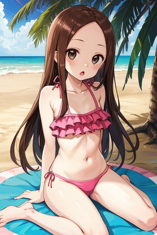 masterpiece, best quality, highres, 1girl, aatakagi, long hair, collarbone, swimsuit, pink bikini, frilled bikini, , beach, cowboy shot, sitting, :o, wariza