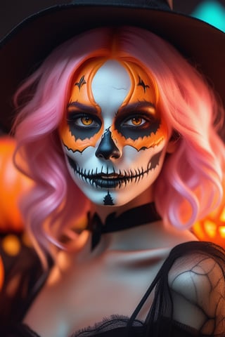 a close up of a woman with pumpkin orange hair and bright makeup, skull face makeup, Halloween style, witch hat, white pupils, digital art by Rhea Carmi, shutterstock, digital art, color photograph portrait 4k, soft portrait shot 8 k, color portrait, colorful glow, glowing pink face, 8k artgerm bokeh, cinematic pastel lighting, glowing with colored light, unreal engine : : rave Halloween makeup