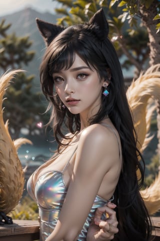 ah1,Ahri,fennec fox,fox tail,5_figners,black_hair,yellow eyes ,lure,league_of_legends_ahri,large breasts, ah1,black_fox_ears,iridescent clothing,heart hands