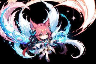 Ahri has white fox_tail,Ahri has black-hair,5_figners,Ahri has yellow_eyes,Ahri is a fox_girl,Ahri has fox_earsleague_of_legends,style illustration chibi ahri,chibi